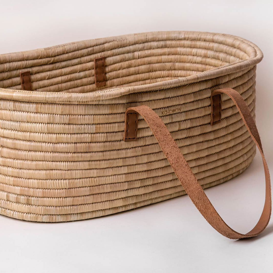 5-Piece Timeless Moses Basket SET with Rocker - Rust Leather handles