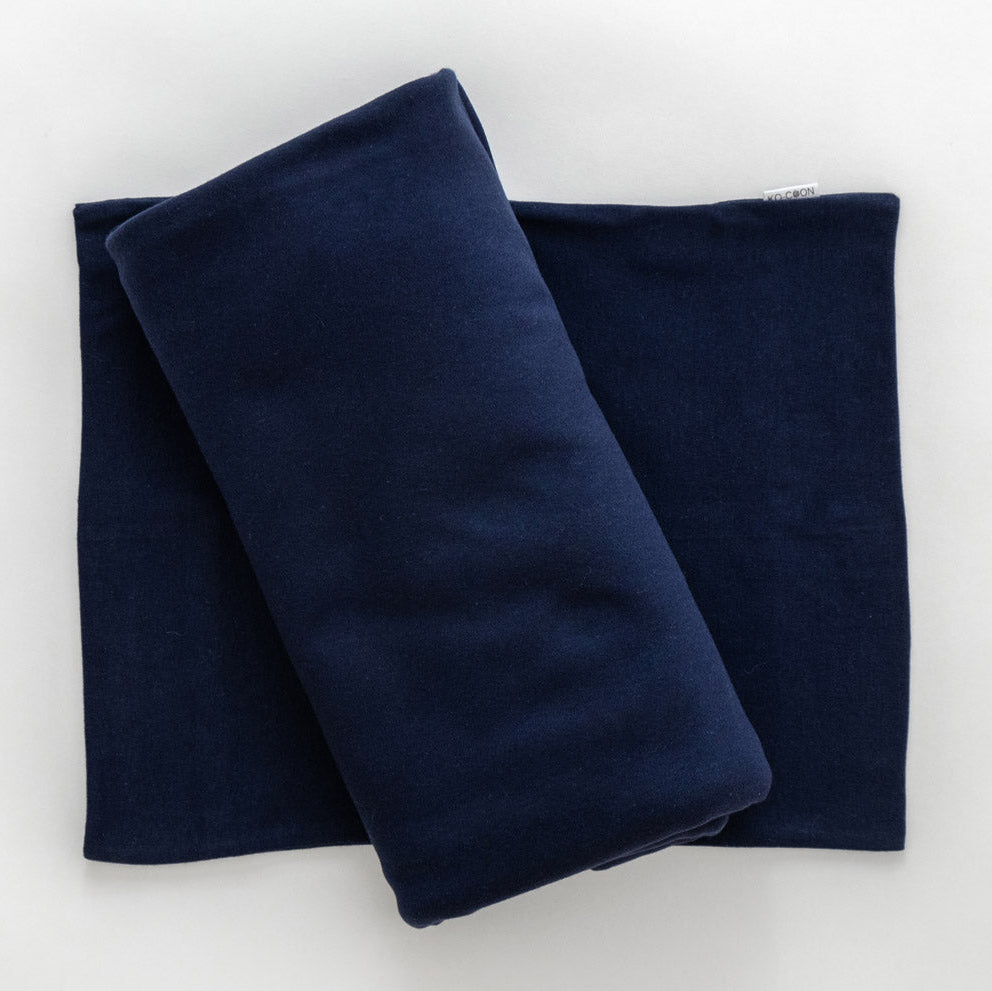 Navy cotton knit toddler duvet cover and pillowcase, folded