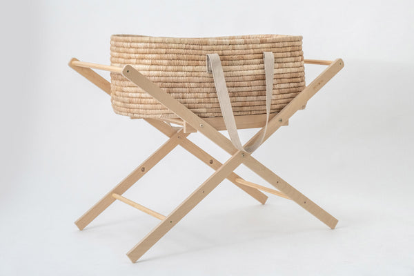 Moses Basket & Foldable SET NATURAL - with Sand hemp handles (basket + moses stand + merino mattress + fitted liner + slipcover)