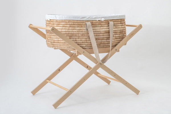 Moses Basket & Foldable SET NATURAL - with Sand hemp handles (basket + moses stand + merino mattress + fitted liner + slipcover)