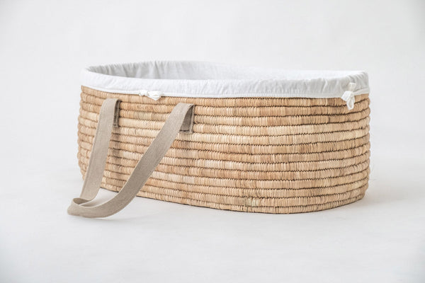 Moses Basket & Rocker SET NATURAL - with Sand hemp handles (basket + rocker + merino mattress + fitted liner + slipcover)