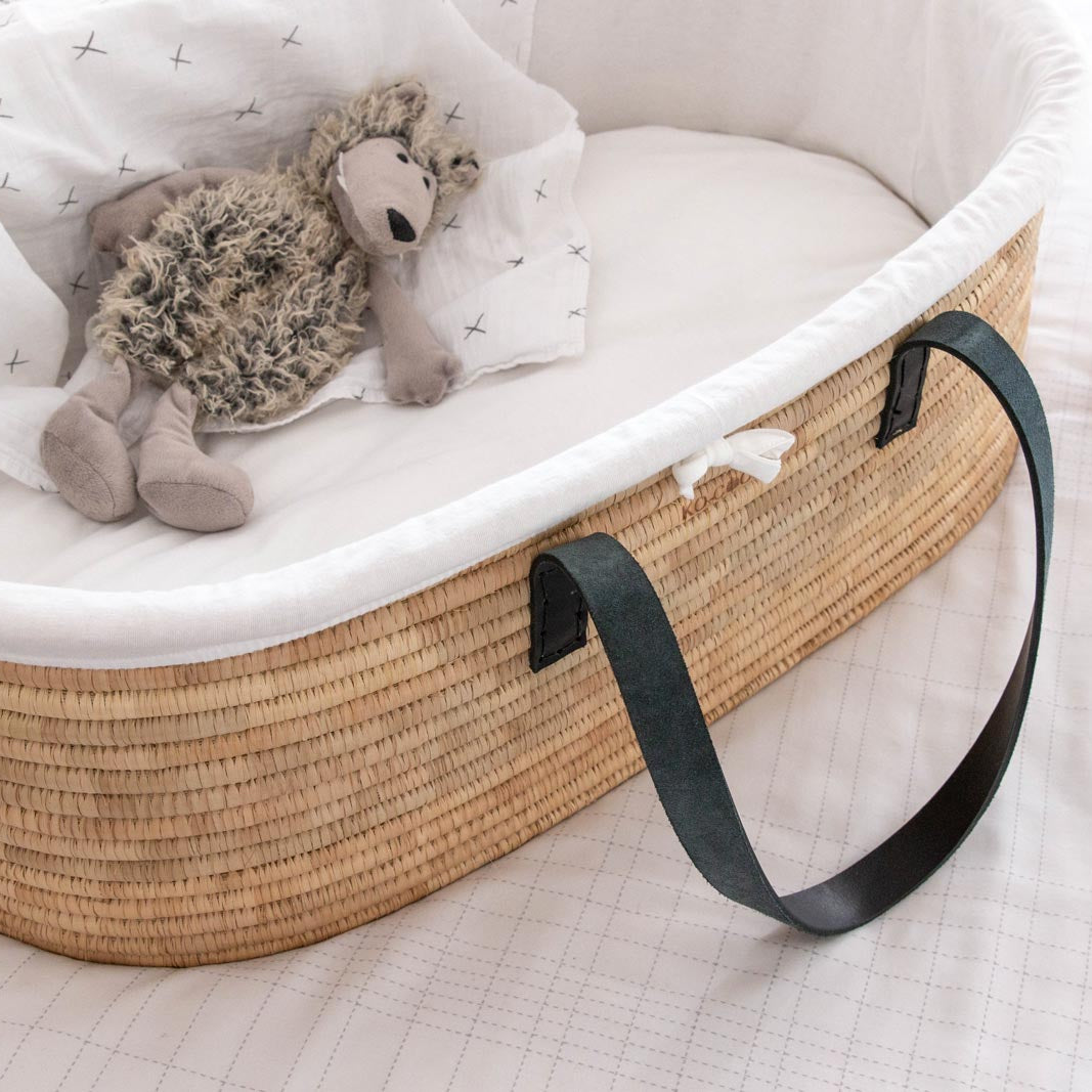 5-Piece Timeless Moses Basket SET with Rocker - Black Leather handles