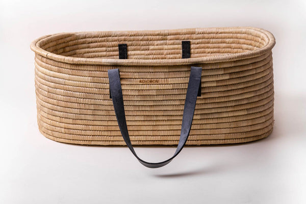 Moses Basket & Rocker SET TIMELESS - Black Leather handles (basket + rocker + merino mattress + slipcover + fitted liner)