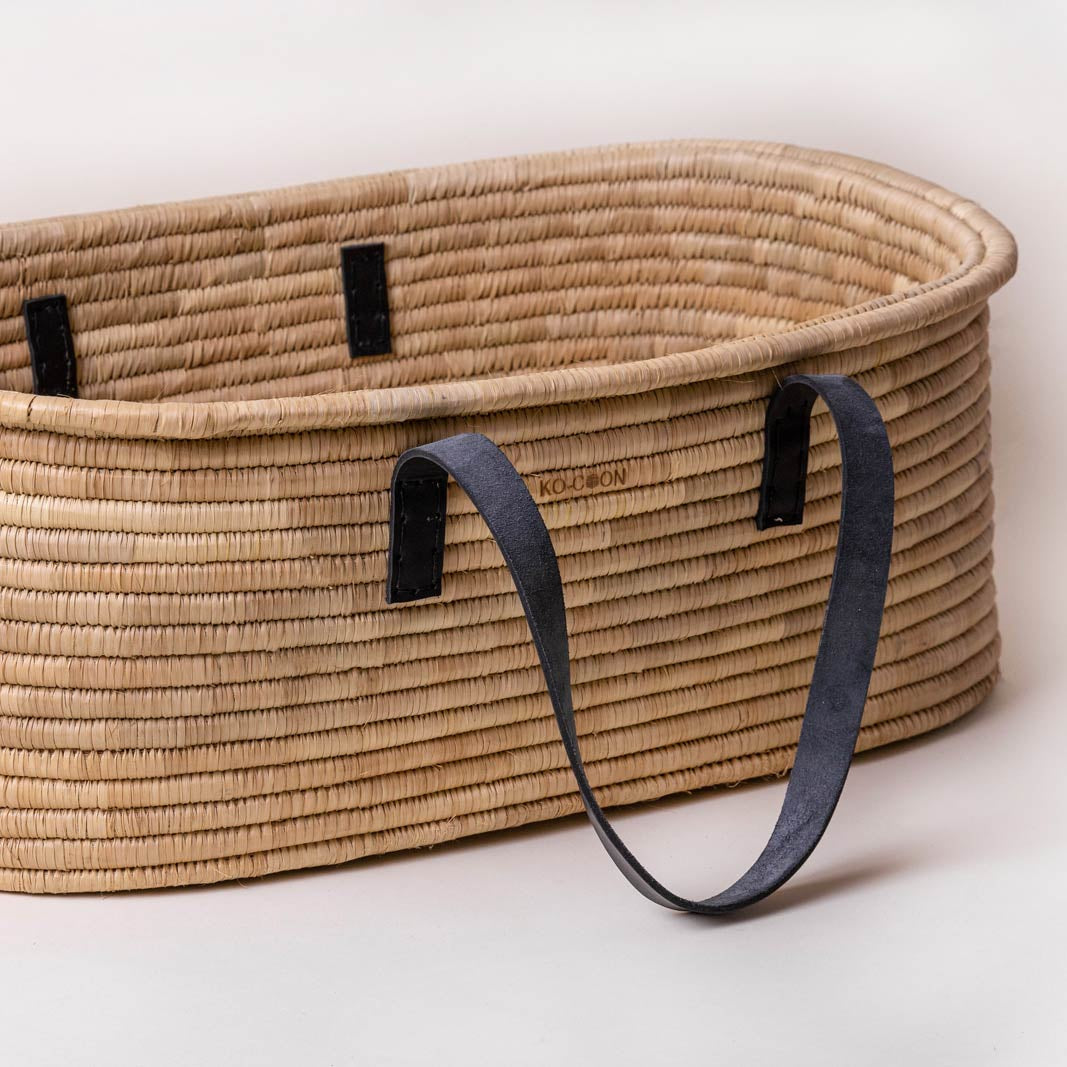 5-Piece Timeless Moses Basket SET with Rocker - Black Leather handles