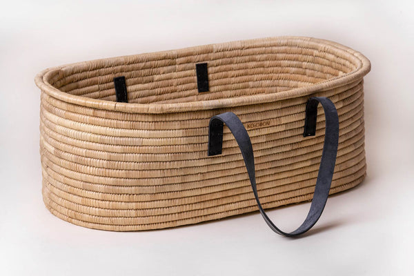 Moses Basket & Rocker SET TIMELESS - Black Leather handles (basket + rocker + merino mattress + slipcover + fitted liner)