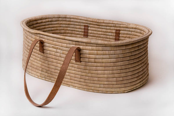 Moses Basket & Rocking stand SET TIMELESS - Rust Leather handles (basket + rocker + merino mattress + slipcover + fitted liner)