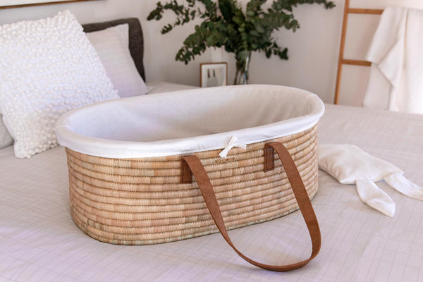 Moses Basket & Foldable stand SET TIMELESS - with Rust Leather handles (basket + moses stand + merino mattress + fitted liner + slipcover)