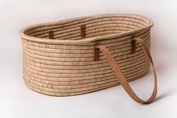 Moses Basket & Rocking stand SET TIMELESS - Rust Leather handles (basket + rocker + merino mattress + slipcover + fitted liner)